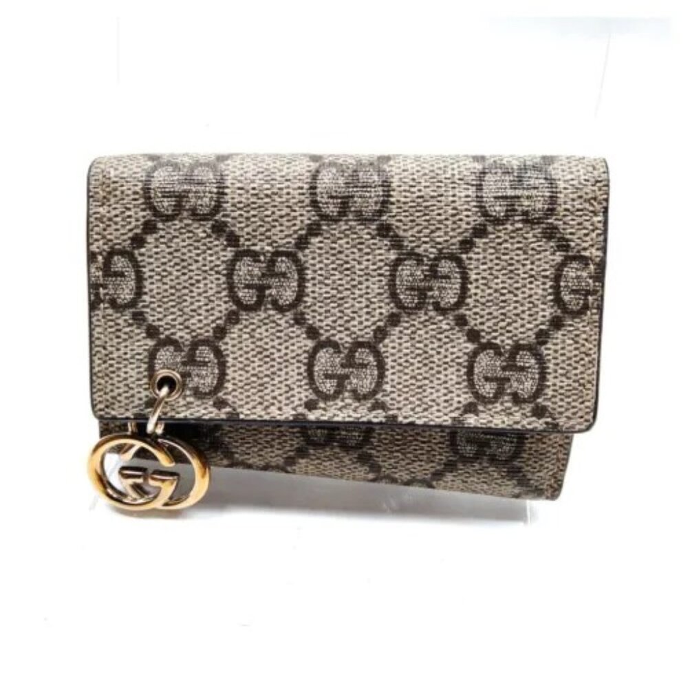 Gucci GG Print Key Case Brown PVC Gold-Tone GG Charm -Six Rings Authentic
